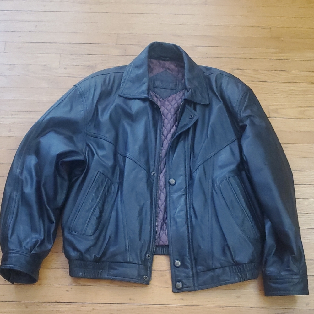 Men's Black Leather Bomber Jacket with Quilted Plum Liner